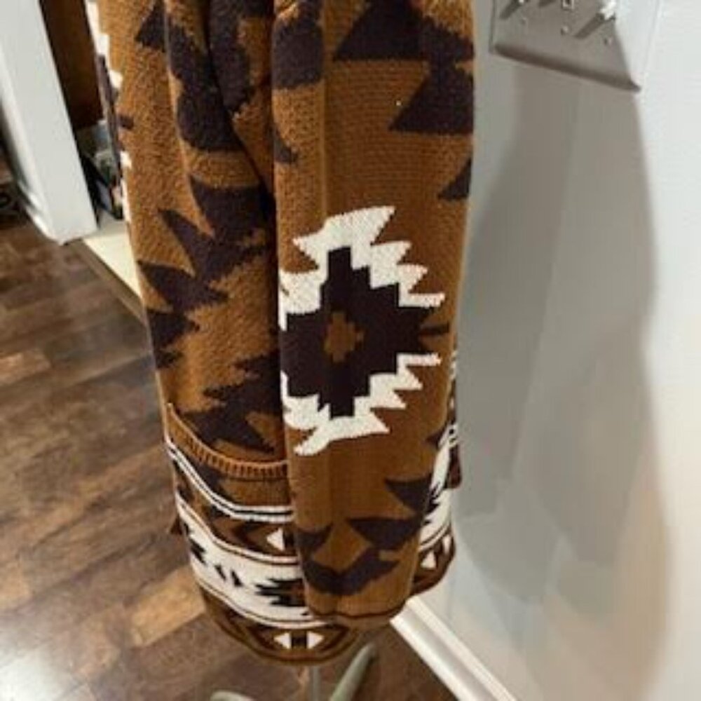 Lucky Brand Southwestern Aztec Pattern Open Front Cardigan Sz Large Brown Boho - Picture 9 of 12